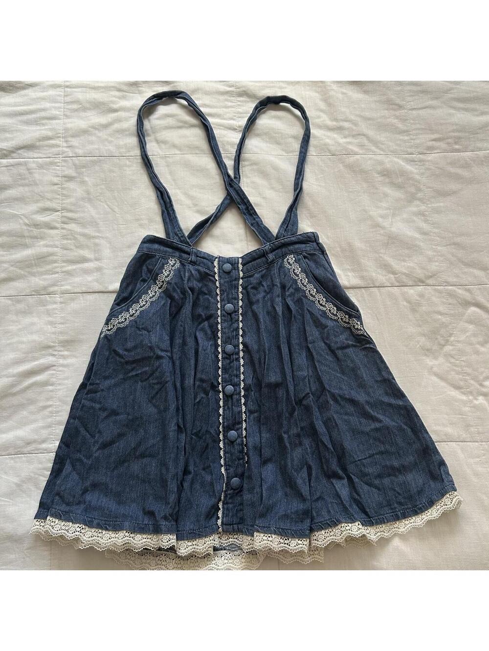 Axes Femme Blue Denim Suspender Skirt Floral Embroidery Lace Trim Buttons Japan